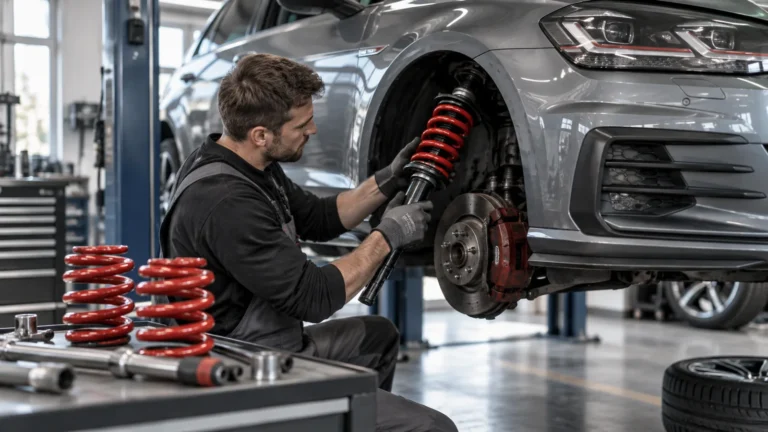 Tieferlegungsfedern legal einbauen: Servicetechniker prüft ein Fahrzeug und zugehörige Bauteile in der Werkstatt. KI-generiertes Symbolbild · redaktionell geprüft.