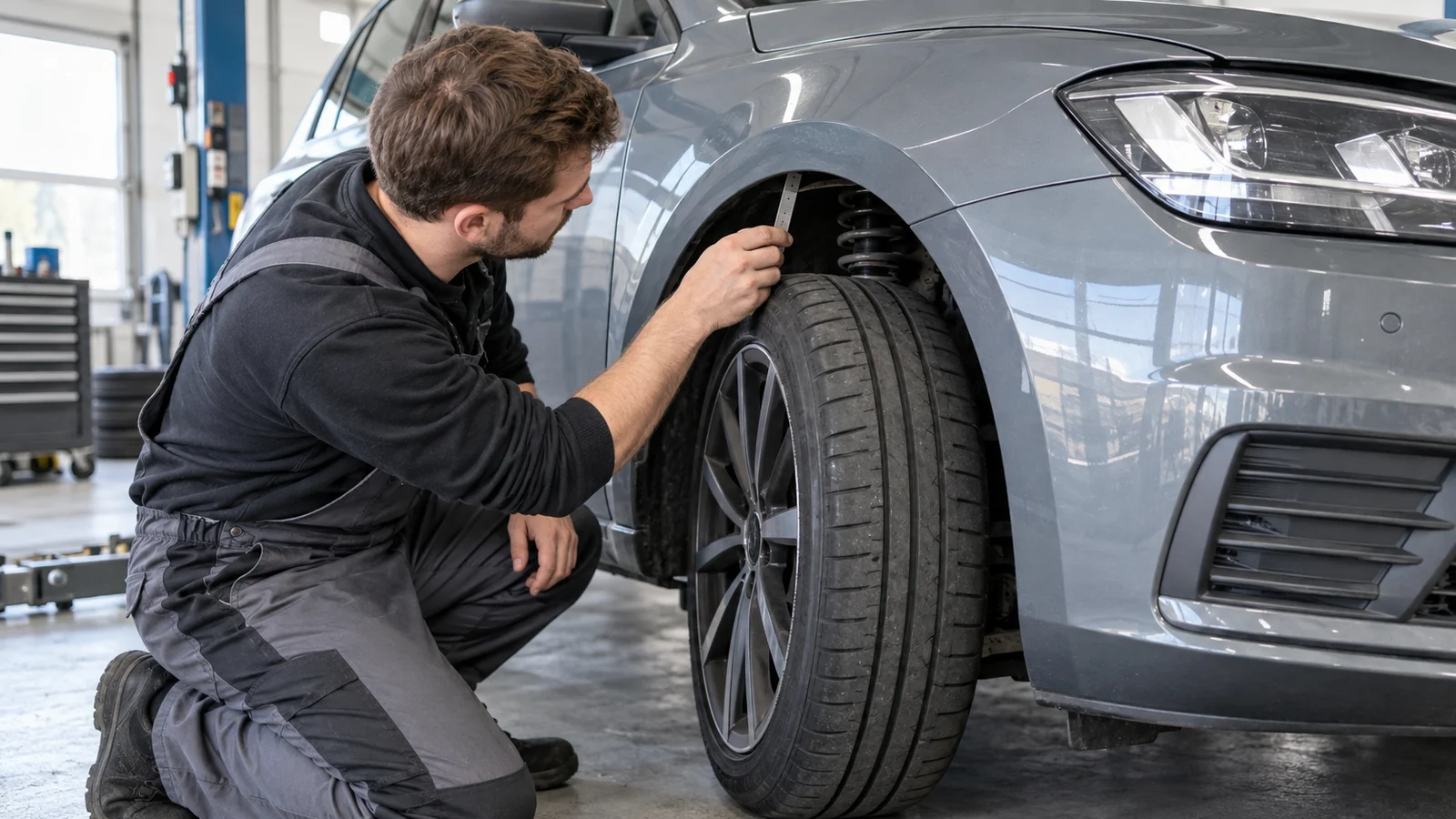 Mechaniker misst mit einem Lineal den Abstand zwischen Reifen und Radlauf. KI-generierte Szene · redaktionell geprüft.