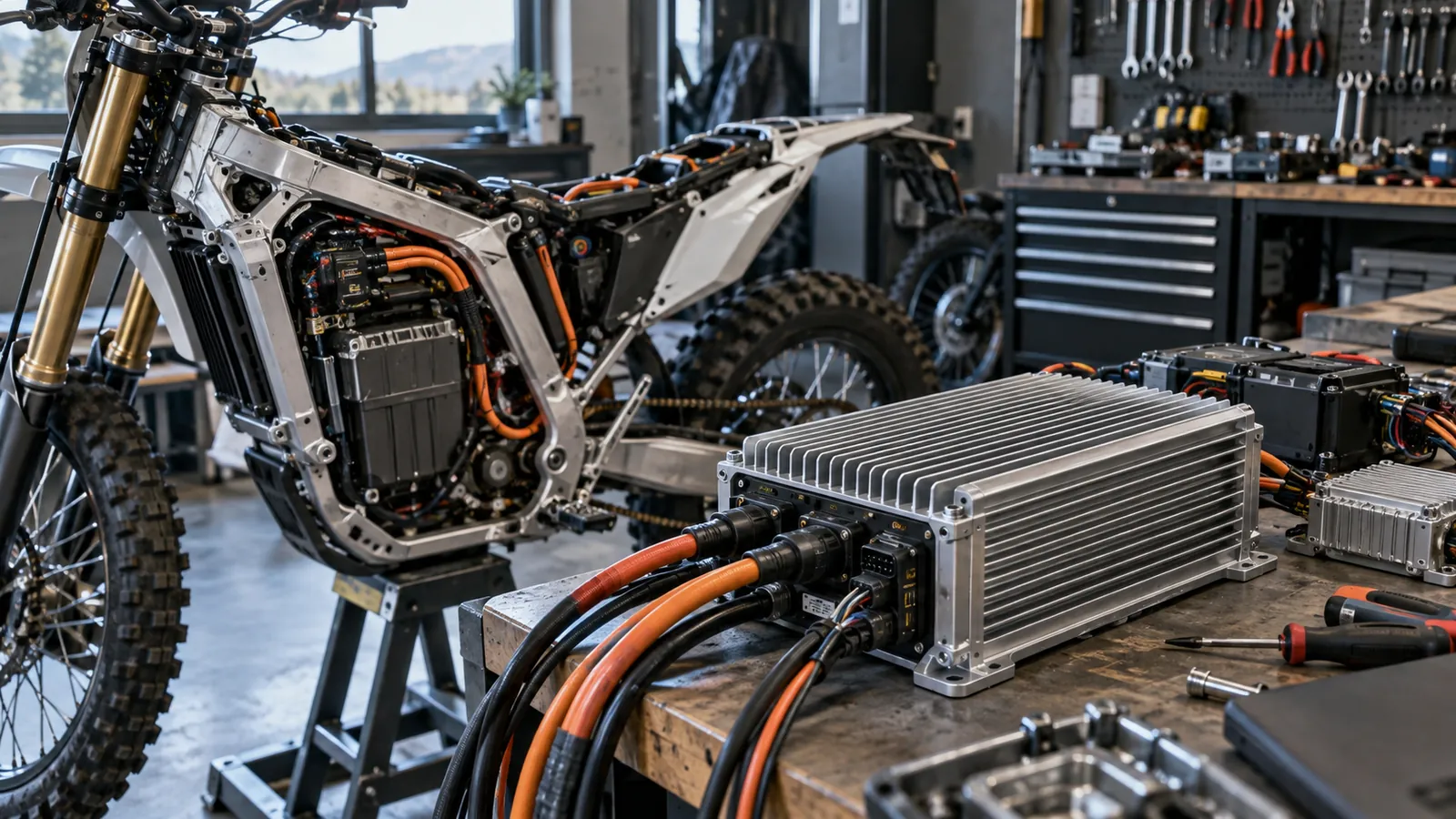 Großer Motorcontroller mit Kühlrippen und Hochvoltleitungen auf der Werkbank, dahinter ein E-Enduro-Rahmen. KI-generiertes Symbolbild · redaktionell geprüft.
