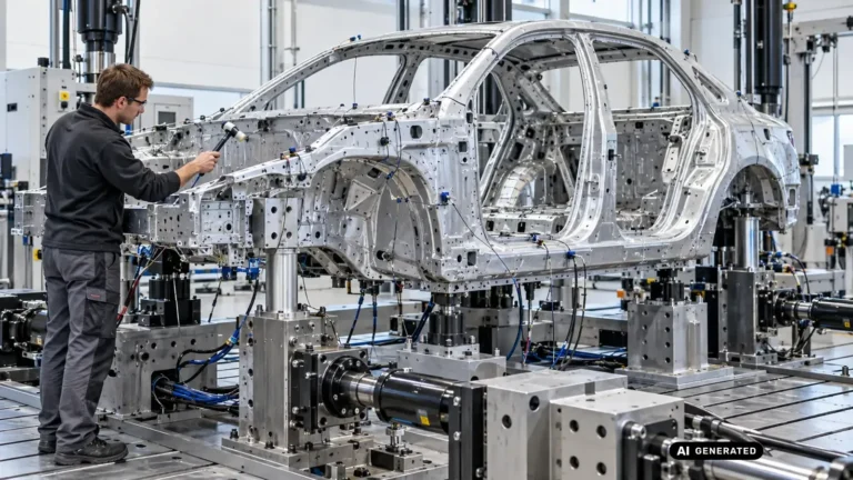 Mechaniker führt an einer Karosserie-Rohbaustruktur mit Messsensoren eine Schwingungsmessung durch. KI-generiertes Symbolbild · redaktionell geprüft.