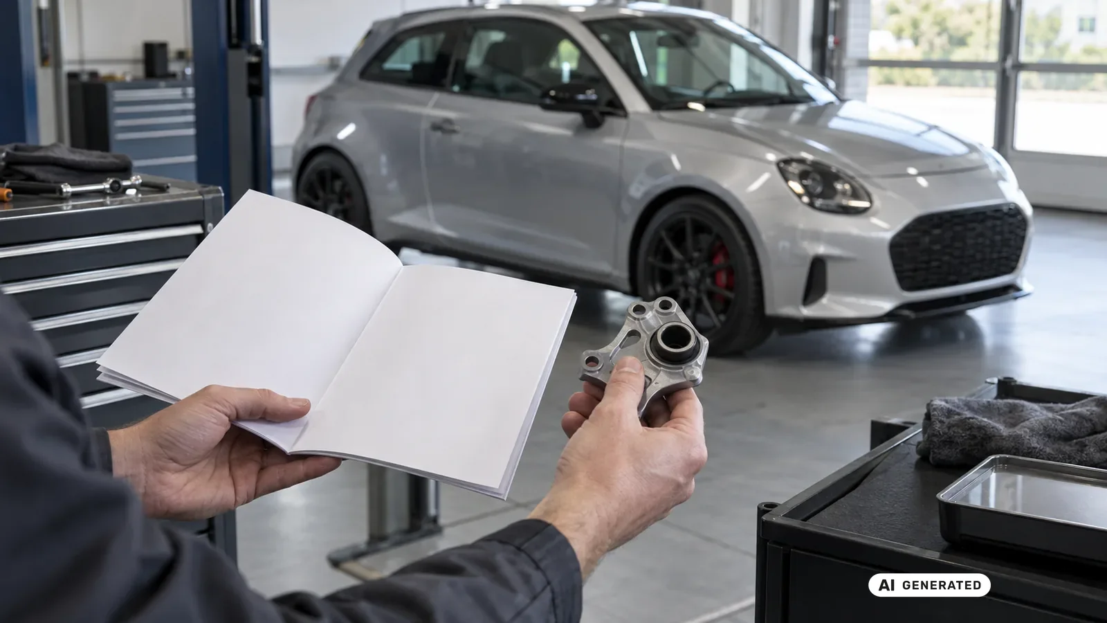 Dokumenten- und Bauteilabgleich für den Beitrag Toyota GR Yaris GXPA16; Schrift und persönliche Daten sind nicht lesbar. — KI-generierte Szene, redaktionell geprüft