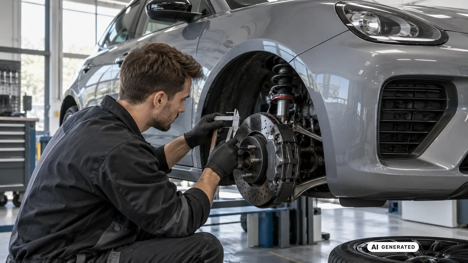 Technische Detailprüfung zum Thema Räder und Bremse am leichten Allradler an einer neutralen Fahrzeugdarstellung für Toyota GR Yaris GXPA16. — KI-generierte Szene, redaktionell geprüft
