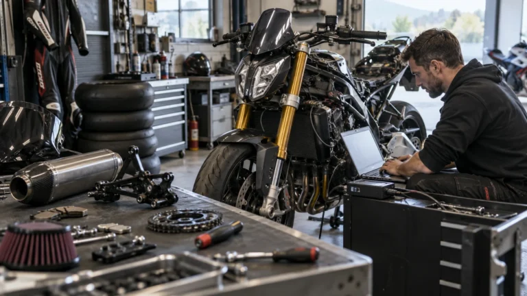 Techniker am Laptop neben einem teilweise zerlegten Motorrad, auf der Werkbank liegen Rennauspuff, Ritzel und Fußrasten. KI-generiertes Symbolbild · redaktionell geprüft.