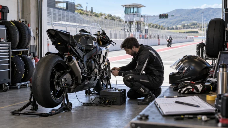 Fahrer verkabelt an der Boxengasse den Datenlogger am Superbike, Notizbuch und Helm liegen für die Baseline bereit. KI-generiertes Symbolbild · redaktionell geprüft.