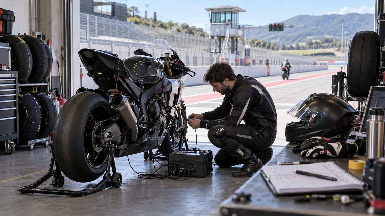 Fahrer verkabelt an der Boxengasse den Datenlogger am Superbike, Notizbuch und Helm liegen für die Baseline bereit. KI-generiertes Symbolbild · redaktionell geprüft.