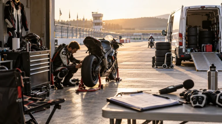 Fahrer prüft vor dem Trackday in der Boxengasse das Vorderrad seines Motorrads, daneben Schallpegelmesser und Klemmbrett. KI-generiertes Symbolbild · redaktionell geprüft.