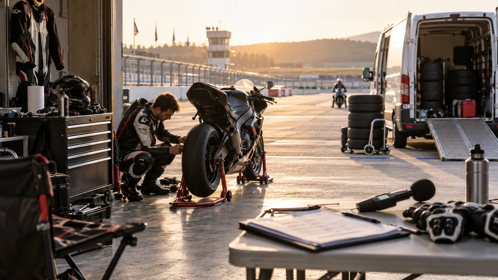 Fahrer prüft vor dem Trackday in der Boxengasse das Vorderrad seines Motorrads, daneben Schallpegelmesser und Klemmbrett. KI-generiertes Symbolbild · redaktionell geprüft.