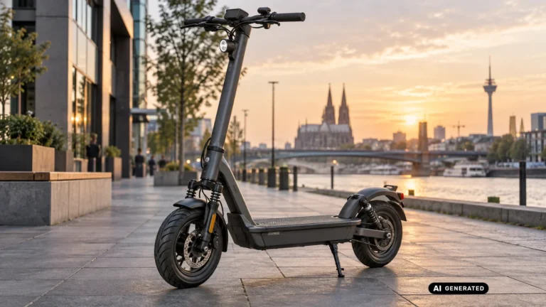 Dunkelgrauer E-Scooter mit Federung vorn und hinten steht bei Sonnenaufgang auf einer städtischen Uferpromenade. KI-generiertes Symbolbild · redaktionell geprüft.