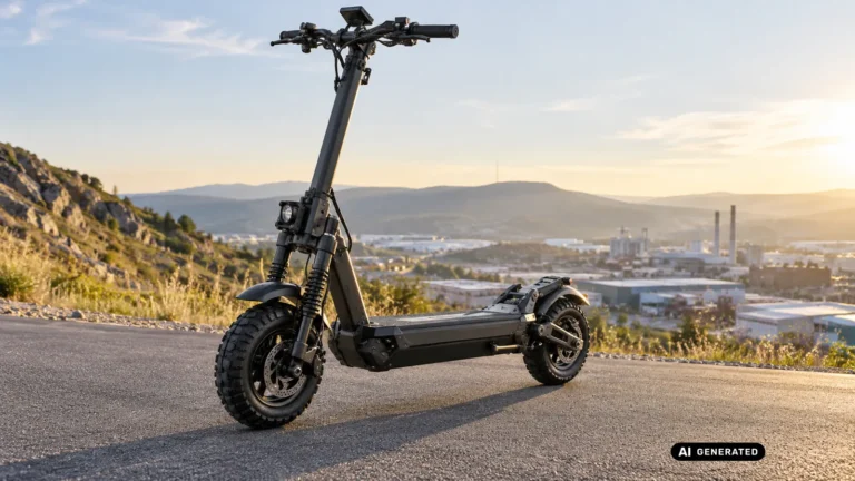 Schwerer E-Scooter mit Stollenreifen, Vorderradfederung und Hinterradschwinge steht auf einer Schotterstraße am Hang. KI-generiertes Symbolbild · redaktionell geprüft.