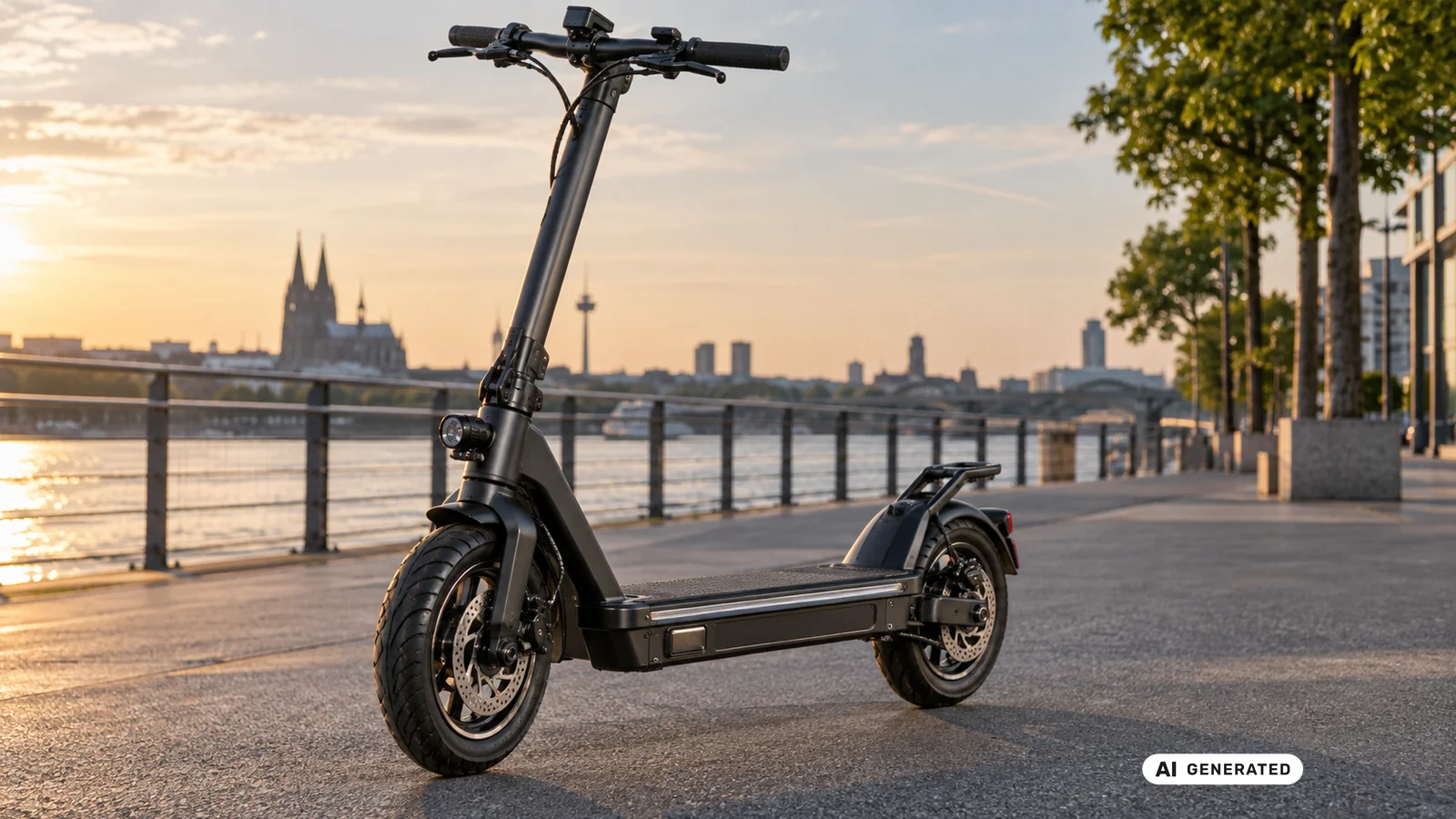 Großer Touren-E-Scooter mit langem Trittbrett und Gepäckträger steht auf einer Uferstraße. KI-generiertes Symbolbild · redaktionell geprüft.