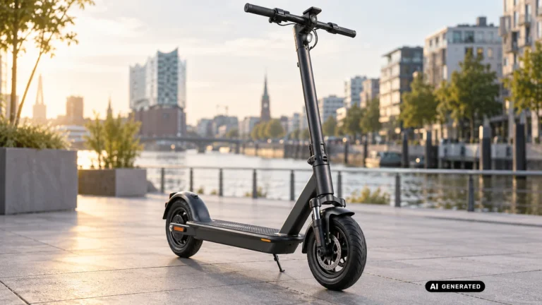 Leichter Stadt-E-Scooter mit gefederter Vorderradgabel steht auf einem gepflasterten Platz am Wasser. KI-generiertes Symbolbild · redaktionell geprüft.