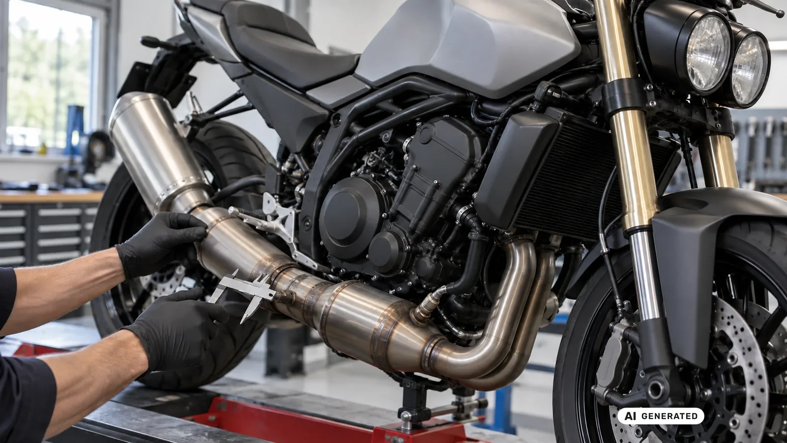 Technische Detailprüfung zum Thema Auspuff, Kat und Baujahrschnitt an einer neutralen Fahrzeugdarstellung für Triumph Street Triple 765 2017–2022. — KI-generierte Szene, redaktionell geprüft