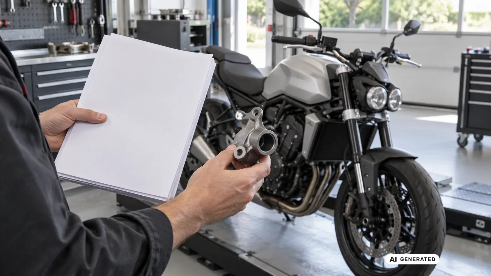 Dokumenten- und Bauteilabgleich für den Beitrag Triumph Street Triple 765 2017–2022; Schrift und persönliche Daten sind nicht lesbar. — KI-generierte Szene, redaktionell geprüft
