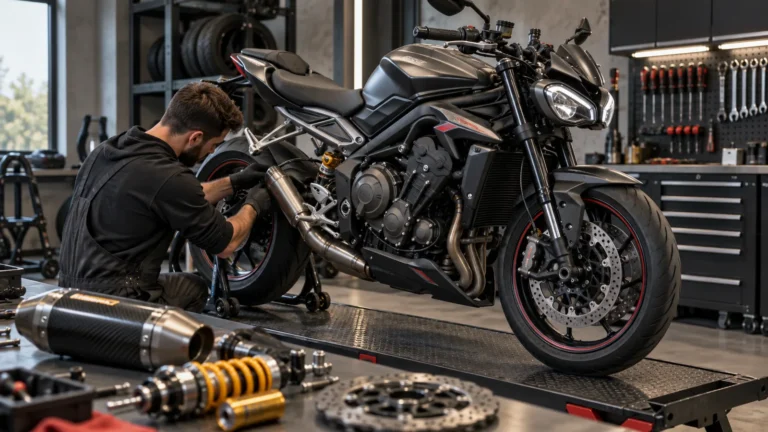 Triumph Street Triple 765 2017–2022 legal tunen: Mechaniker begutachtet Anbauteile an dem Motorrad in der Werkstatt. KI-generiertes Symbolbild · redaktionell geprüft.