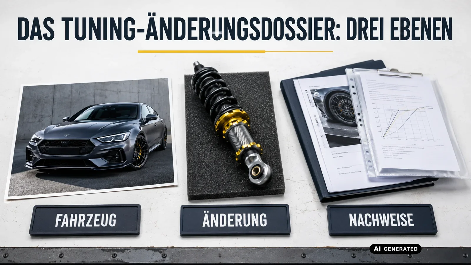 Das Tuning-Änderungsdossier in drei Ebenen: Fahrzeug, einzelne Änderung und die gesammelten Nachweise. — KI-generierte Szene, redaktionell geprüft