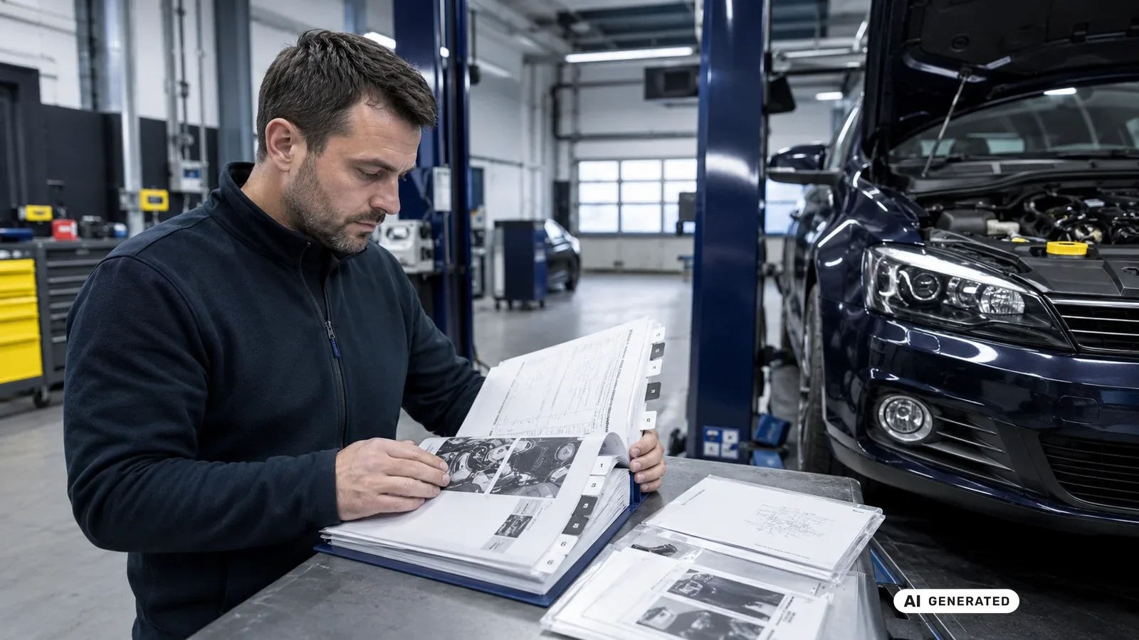 KI-generiertes Symbolbild, redaktionell geprüft: Ein Mann hält einen aufgeschlagenen Ordner mit Bauteilunterlagen vor zwei Fahrzeugen in der Werkstatt — KI-generierte Szene, redaktionell geprüft