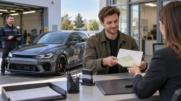 Nach der Abnahme: Servicetechniker prüft Fahrzeugpapiere und Bauteile in der Werkstatt. KI-generiertes Symbolbild · redaktionell geprüft.