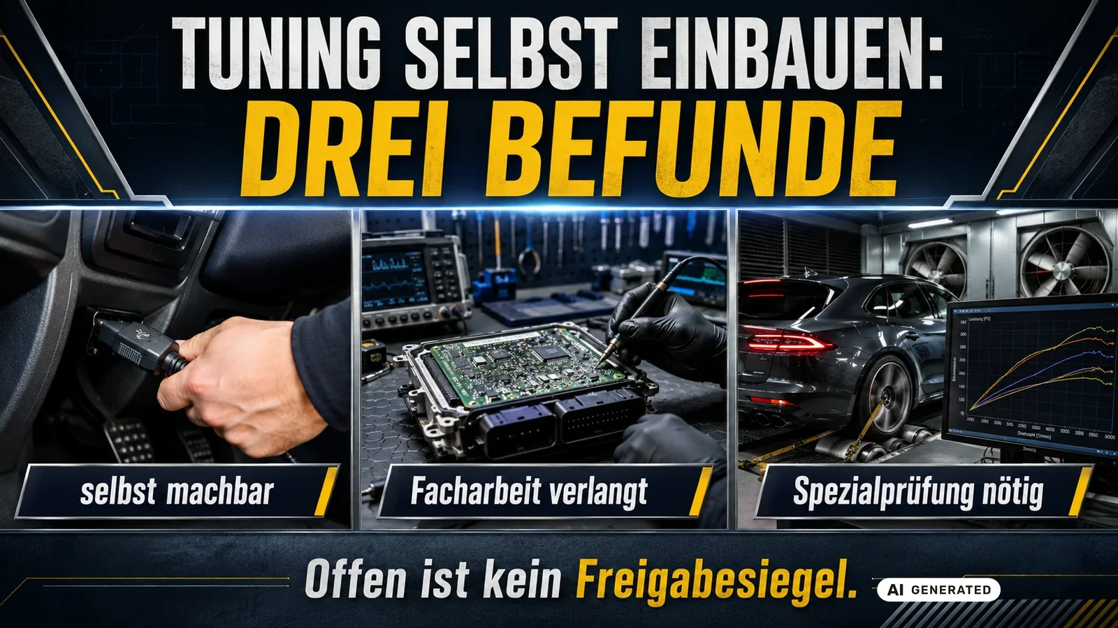 Drei Arbeitsstufen beim Tuning-Einbau: selbst machbar, Facharbeit verlangt und Spezialprüfung nötig. — KI-generierte Szene, redaktionell geprüft