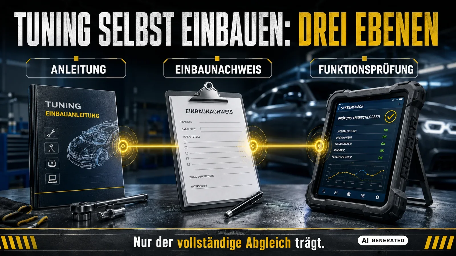 Selbsteinbau von Tuningteilen in drei Ebenen: Anleitung, Einbaunachweis und abschließende Funktionsprüfung. — KI-generierte Szene, redaktionell geprüft