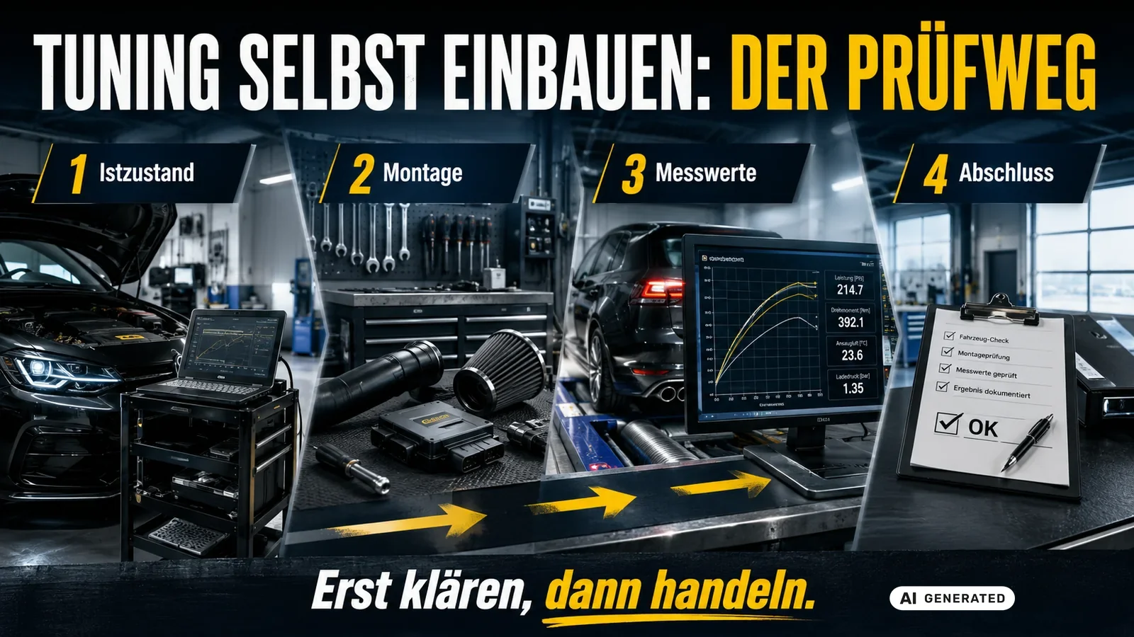 Vier Schritte beim Selbsteinbau: Istzustand, Montage, Messwerte auf dem Prüfstand und dokumentierter Abschluss. — KI-generierte Szene, redaktionell geprüft