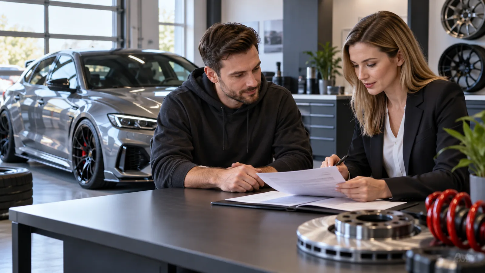 Tuning der Versicherung melden: Servicetechniker prüft Fahrzeugpapiere und Bauteile in der Werkstatt. KI-generiertes Symbolbild · redaktionell geprüft.