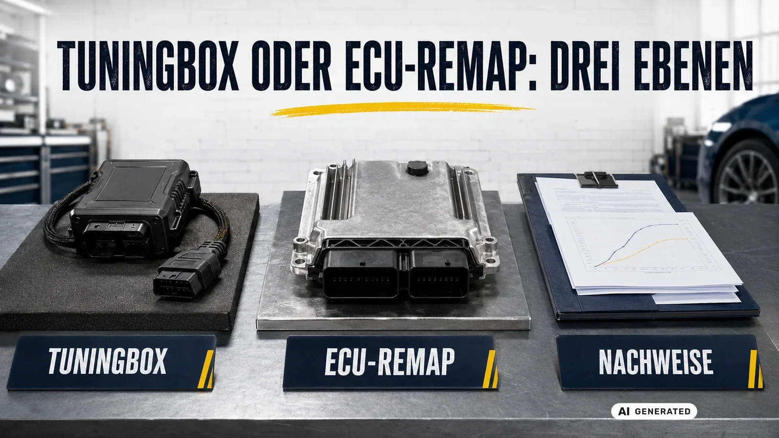 Tuningbox, ECU-Remap und die zugehörigen Nachweise als drei Ebenen der Leistungssteigerung nebeneinander. — KI-generierte Szene, redaktionell geprüft