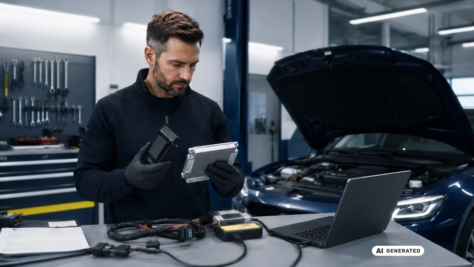 KI-generiertes Symbolbild, redaktionell geprüft: Ein Techniker hält ein Zusatzmodul, daneben stehen Laptop und Diagnosekabel am geöffneten Motorraum — KI-generierte Szene, redaktionell geprüft
