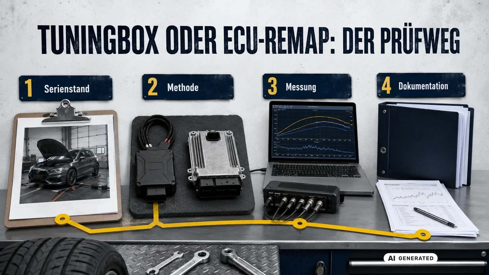 Vier Schritte zwischen Tuningbox und ECU-Remap: Serienstand, Methode, Messung und schließlich Dokumentation. — KI-generierte Szene, redaktionell geprüft