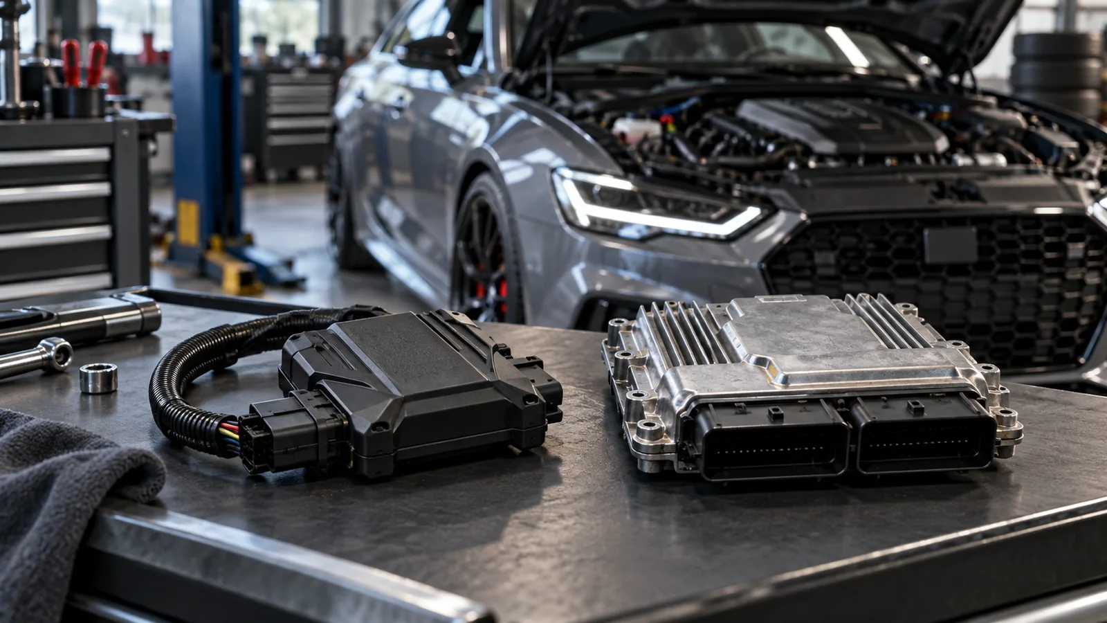 Tuningbox oder ECU-Remap: Servicetechniker prüft ein Fahrzeug und zugehörige Bauteile in der Werkstatt. KI-generiertes Symbolbild · redaktionell geprüft.