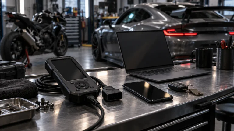 Handgerät mit OBD-Stecker, Laptop, Smartphone und Fahrzeugschlüssel auf der Werkbank, dahinter Sportwagen und Motorrad. KI-generiertes Symbolbild · redaktionell geprüft.