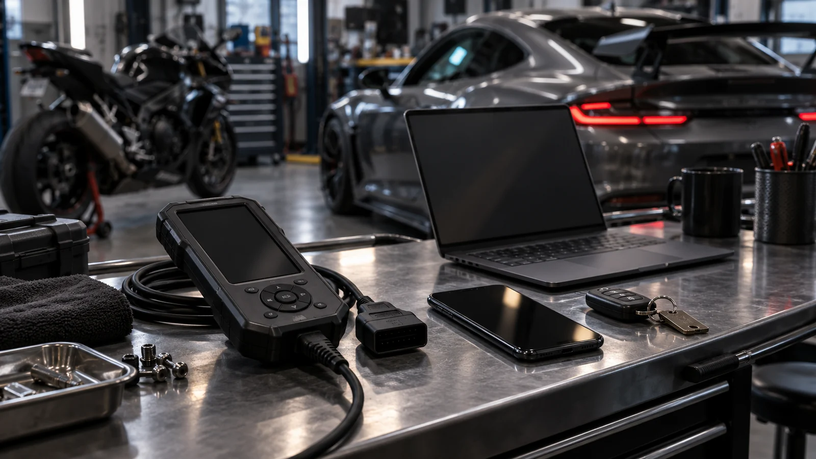 Handgerät mit OBD-Stecker, Laptop, Smartphone und Fahrzeugschlüssel auf der Werkbank, dahinter Sportwagen und Motorrad. KI-generiertes Symbolbild · redaktionell geprüft.