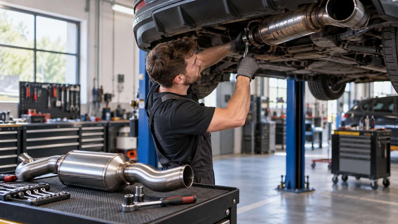 Mechaniker montiert eine Abgasanlage, ein zweiter Endtopf liegt bereit. KI-generierte Szene · redaktionell geprüft.