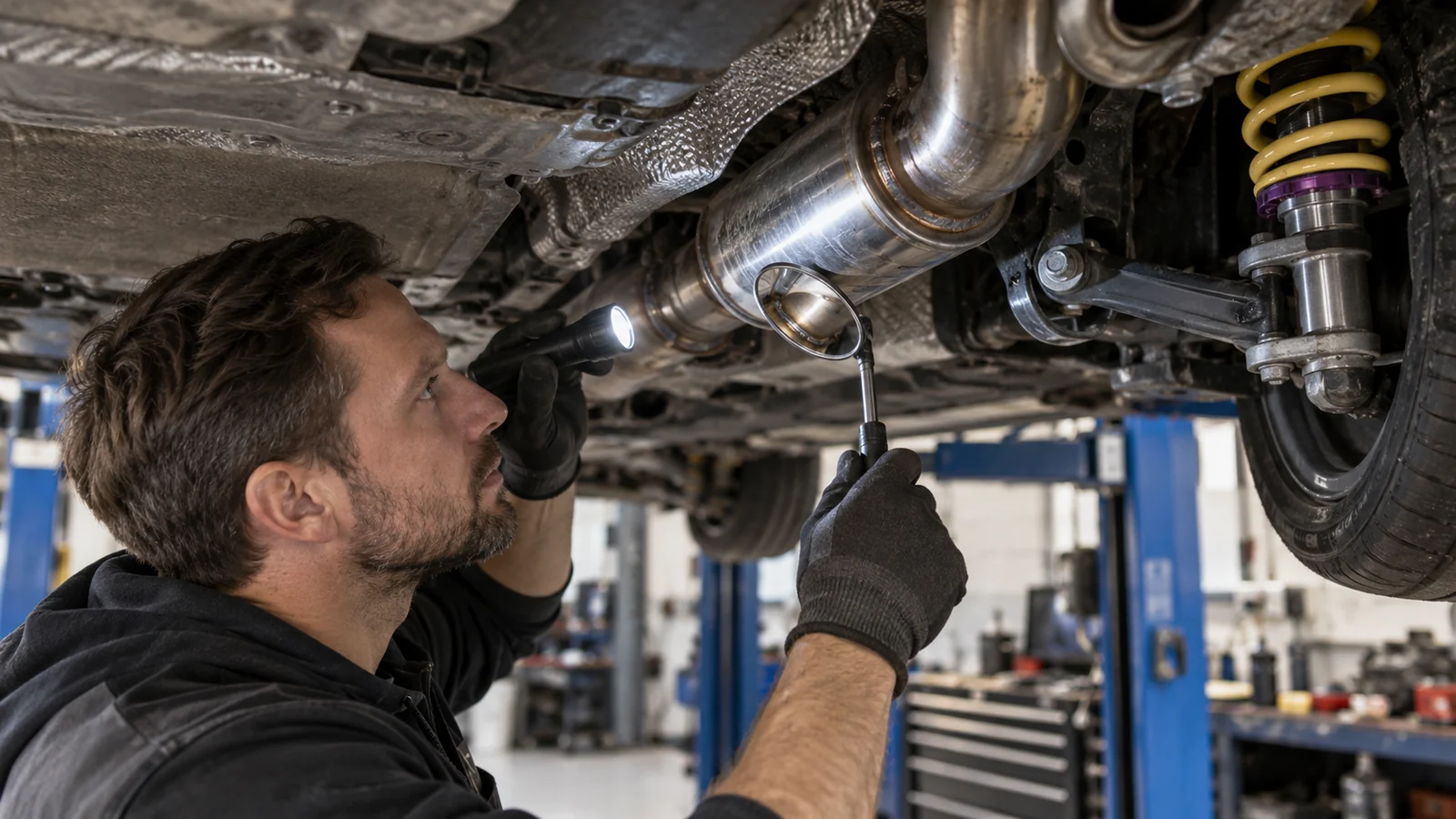 Mechaniker leuchtet unter einem angehobenen Auto die Abgasanlage ab. KI-generierte Szene · redaktionell geprüft.