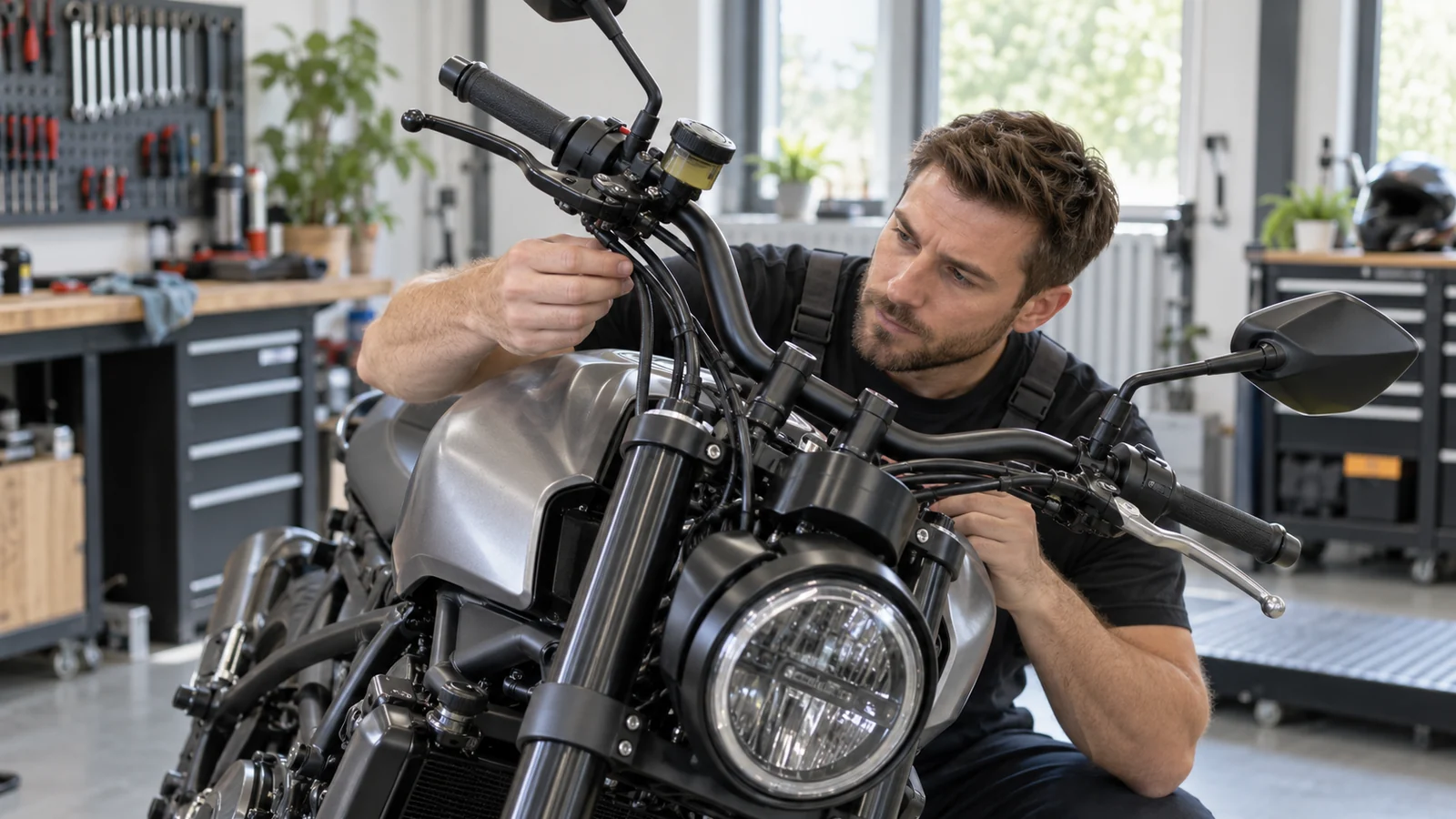 Schrauber richtet den neuen Lenker eines Naked Bikes über der Gabelbrücke aus. KI-generierte Szene · redaktionell geprüft.