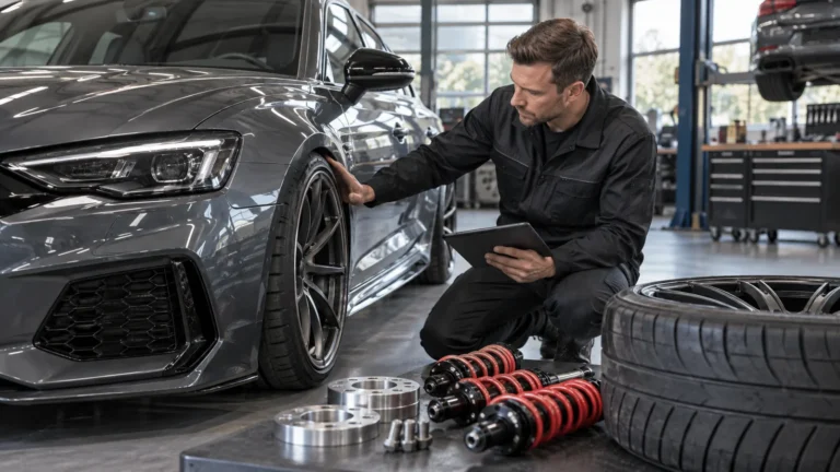 Mehrere Tuningteile kombinieren: Servicetechniker prüft Fahrzeugpapiere und Bauteile in der Werkstatt. KI-generiertes Symbolbild · redaktionell geprüft.