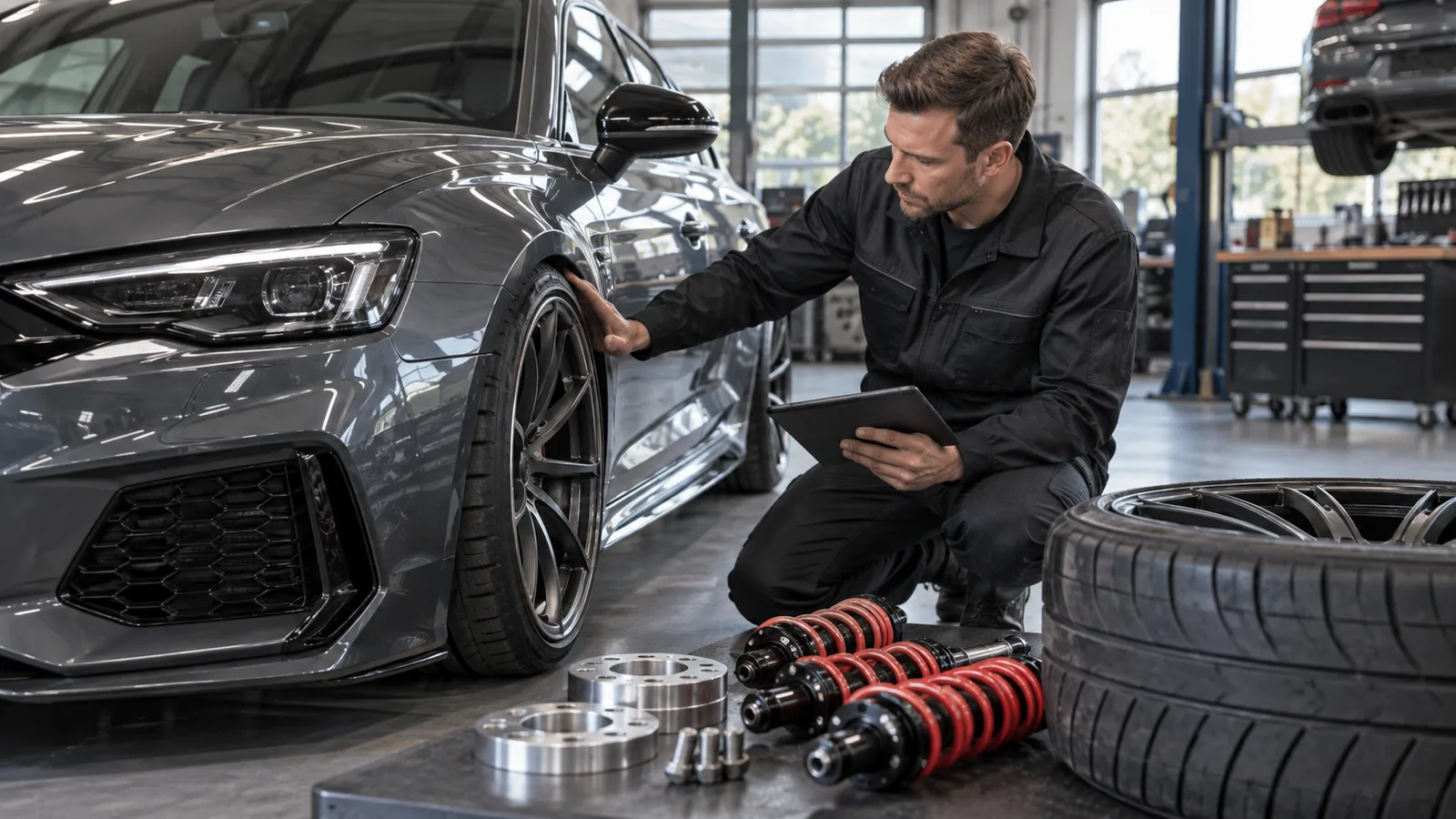 Mehrere Tuningteile kombinieren: Servicetechniker prüft Fahrzeugpapiere und Bauteile in der Werkstatt. KI-generiertes Symbolbild · redaktionell geprüft.