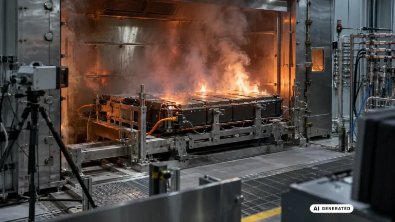 Thermal-Propagation-Brandtest eines Batteriepacks in der Prüfkammer. KI-generiertes Symbolbild · redaktionell geprüft.