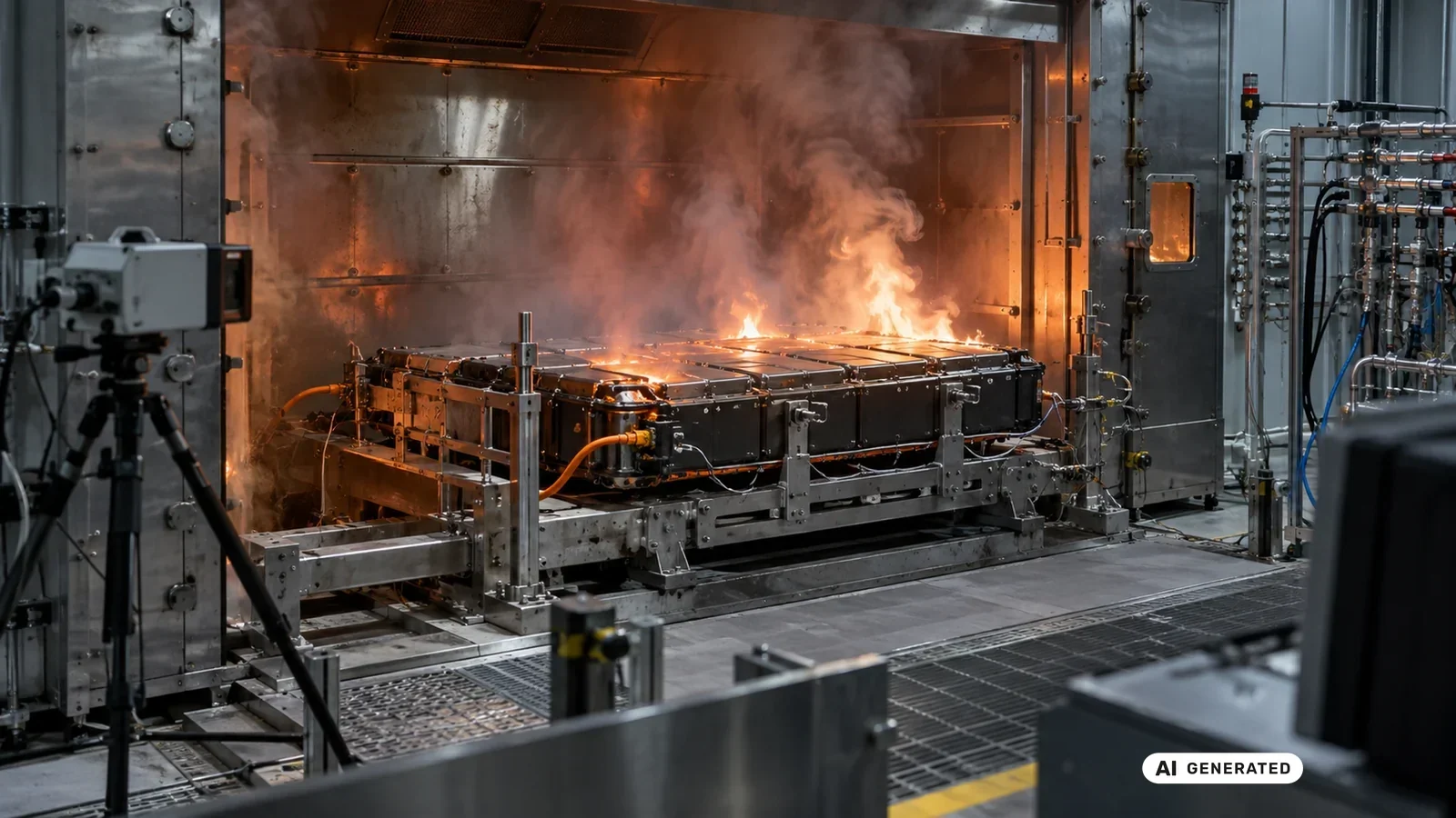Thermal-Propagation-Brandtest eines Batteriepacks in der Prüfkammer. KI-generiertes Symbolbild · redaktionell geprüft.