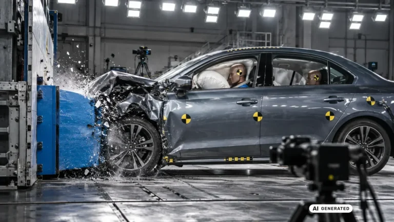 Crashtest-Fahrzeug mit Dummys prallt auf eine Prüfbarriere in einer Testhalle. KI-generiertes Symbolbild · redaktionell geprüft.