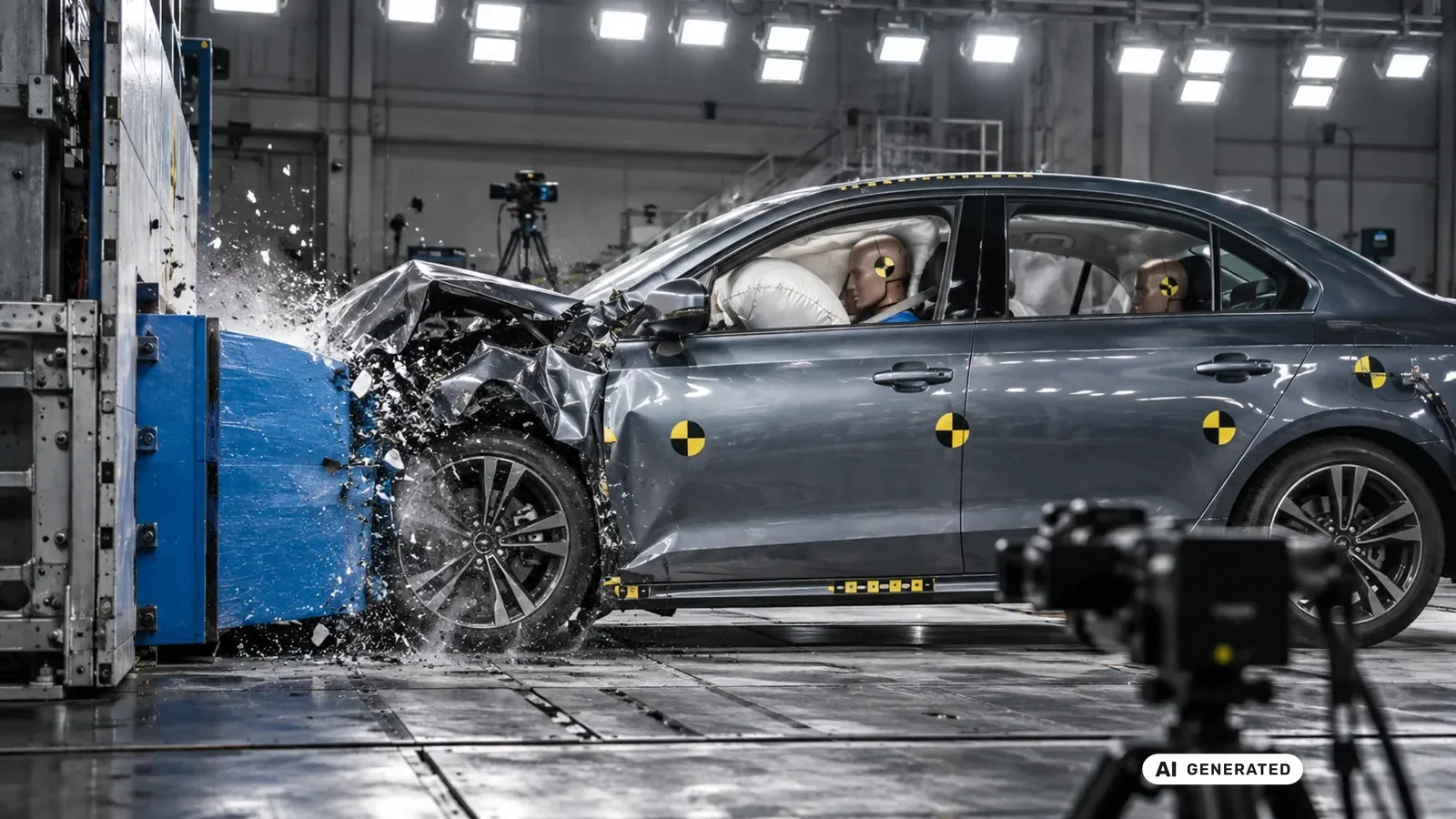 Crashtest-Fahrzeug mit Dummys prallt auf eine Prüfbarriere in einer Testhalle. KI-generiertes Symbolbild · redaktionell geprüft.