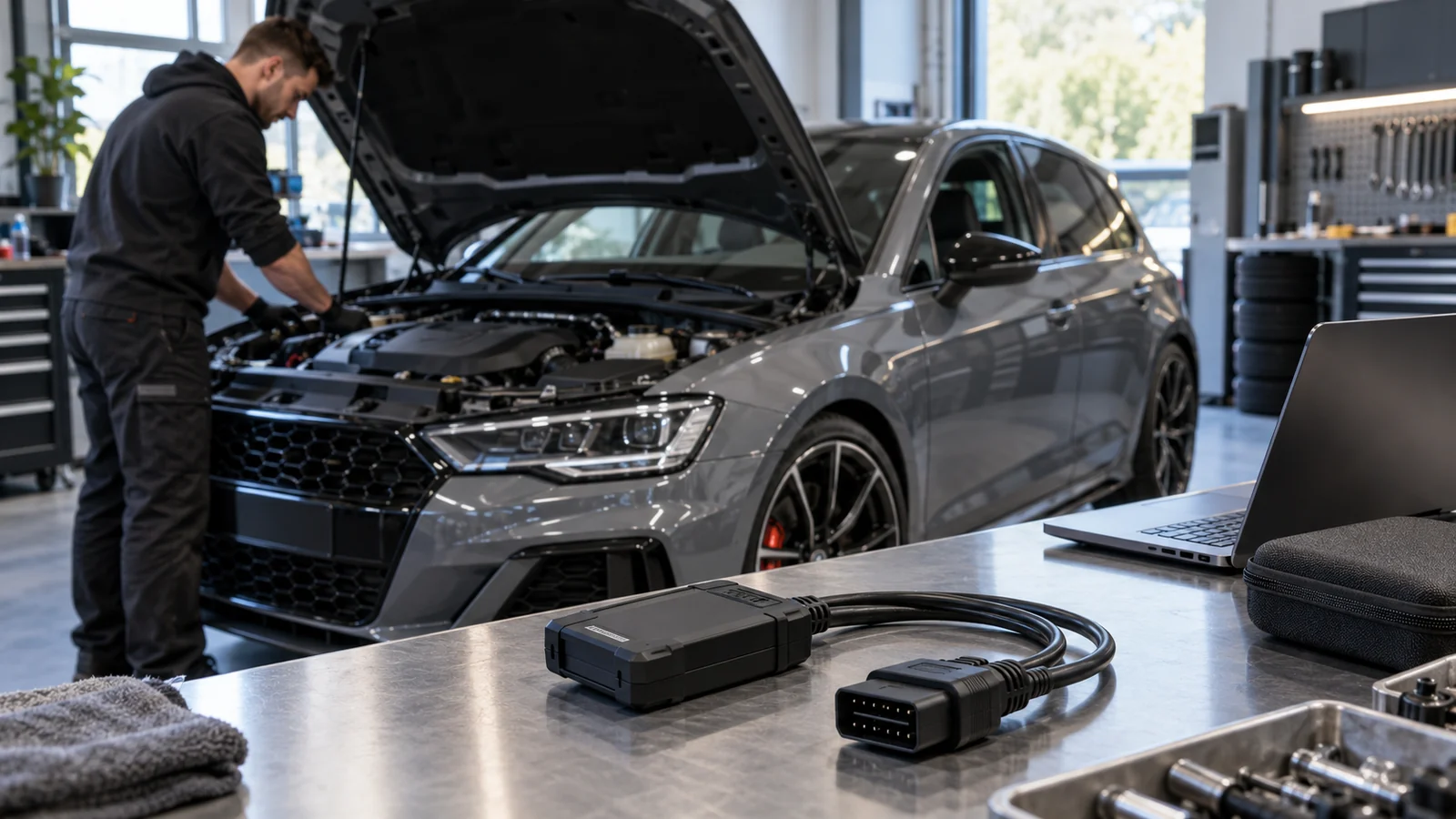 Schwarzes Flash-Interface mit OBD-Kabel auf der Werkbank, dahinter ein Techniker am offenen Motorraum eines Kompaktsportlers. KI-generiertes Symbolbild · redaktionell geprüft.