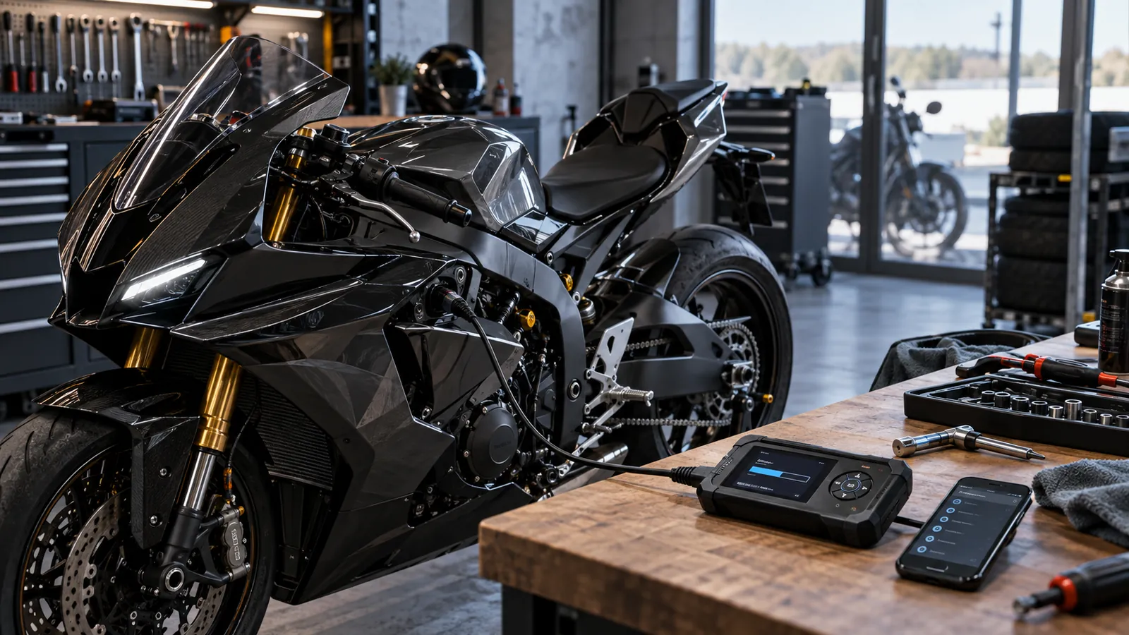 Sportmotorrad per Kabel mit einem Handgerät auf der Werkbank verbunden, daneben ein Smartphone mit Map-Liste. KI-generiertes Symbolbild · redaktionell geprüft.