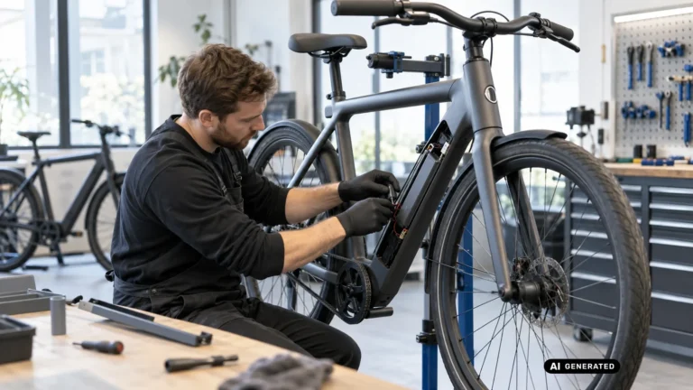 Mechaniker wechselt den Akku eines grauen VanMoof E-Bikes auf dem Montageständer in der Werkstatt. KI-generiertes Symbolbild · redaktionell geprüft.