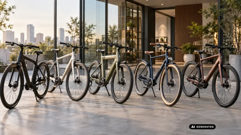 Fünf verschiedenfarbige Smart-E-Bikes verschiedener Marken stehen nebeneinander vor einer Fensterfront. KI-generiertes Symbolbild · redaktionell geprüft.