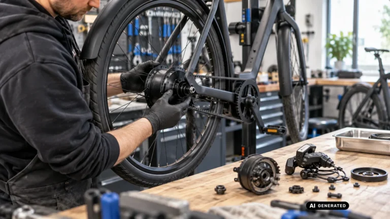 Mechaniker baut die AutoHub-Nabe in das Hinterrad eines VanMoof E-Bikes ein, Einzelteile liegen auf der Werkbank. KI-generiertes Symbolbild · redaktionell geprüft.