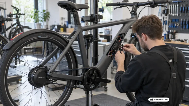 Mechaniker prüft die Elektronik im Rahmen eines VanMoof S6 mit sichtbarer AutoShift-Hub-Nabe. KI-generiertes Symbolbild · redaktionell geprüft.