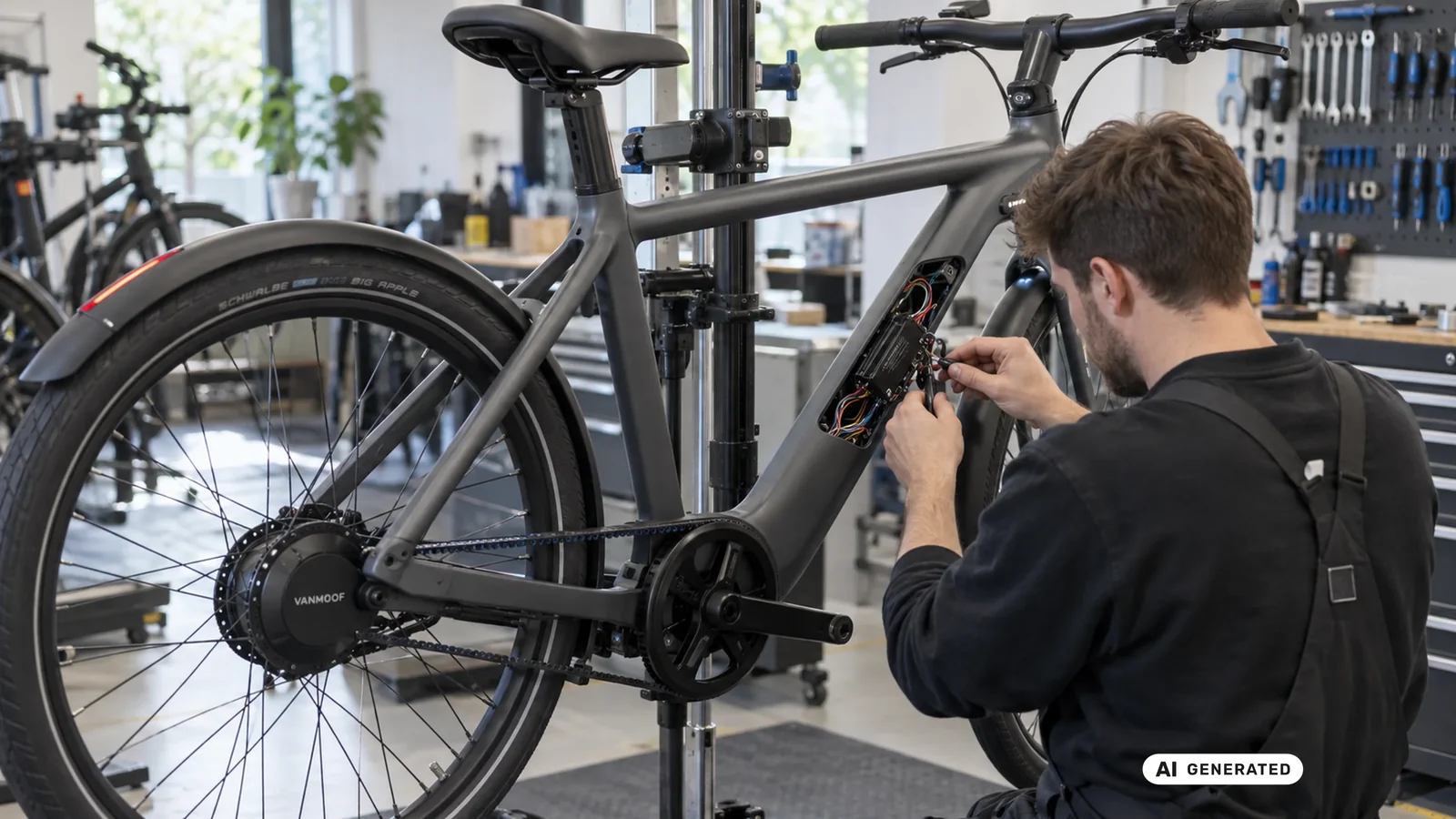 Mechaniker prüft die Elektronik im Rahmen eines VanMoof S6 mit sichtbarer AutoShift-Hub-Nabe. KI-generiertes Symbolbild · redaktionell geprüft.