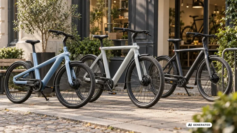 Drei VanMoof-E-Bikes in Blau, Weiß und Schwarz nebeneinander vor einem Fahrradladen. KI-generiertes Symbolbild · redaktionell geprüft.