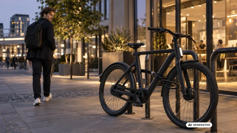 VanMoof E-Bike mit zusätzlichem Schloss an einem Fahrradbügel vor einem beleuchteten Ladengeschäft am Abend angeschlossen. KI-generiertes Symbolbild · redaktionell geprüft.