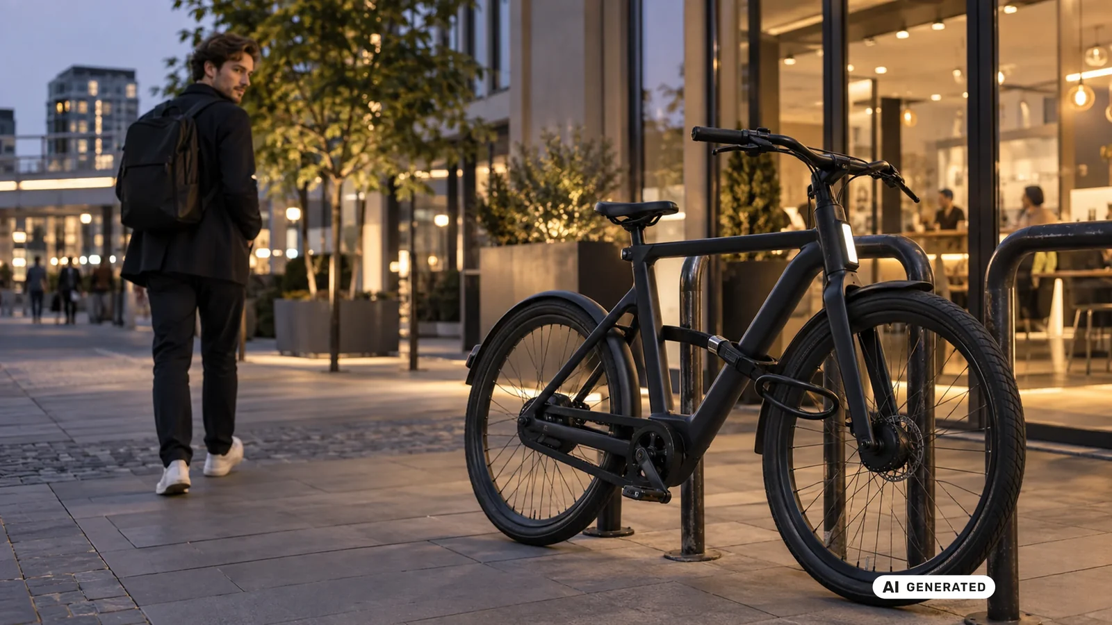 VanMoof E-Bike mit zusätzlichem Schloss an einem Fahrradbügel vor einem beleuchteten Ladengeschäft am Abend angeschlossen. KI-generiertes Symbolbild · redaktionell geprüft.